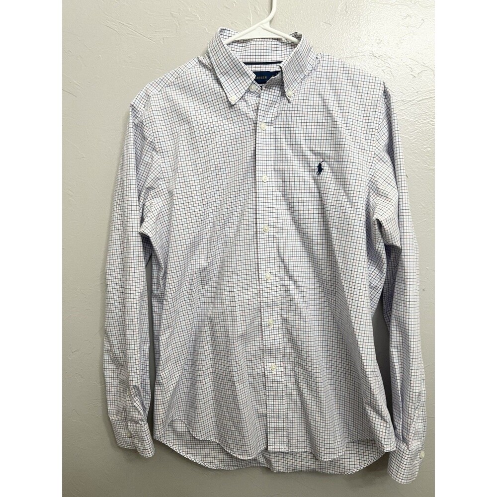 Men's RALPH LAUREN Shirt Long Sleeve Non-iron  Medium Top Plaid Blue White